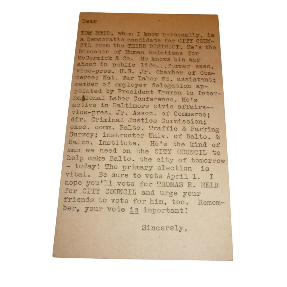Vintage Tom Reid Baltimore City Council Political Endorsement Postal Card Truman